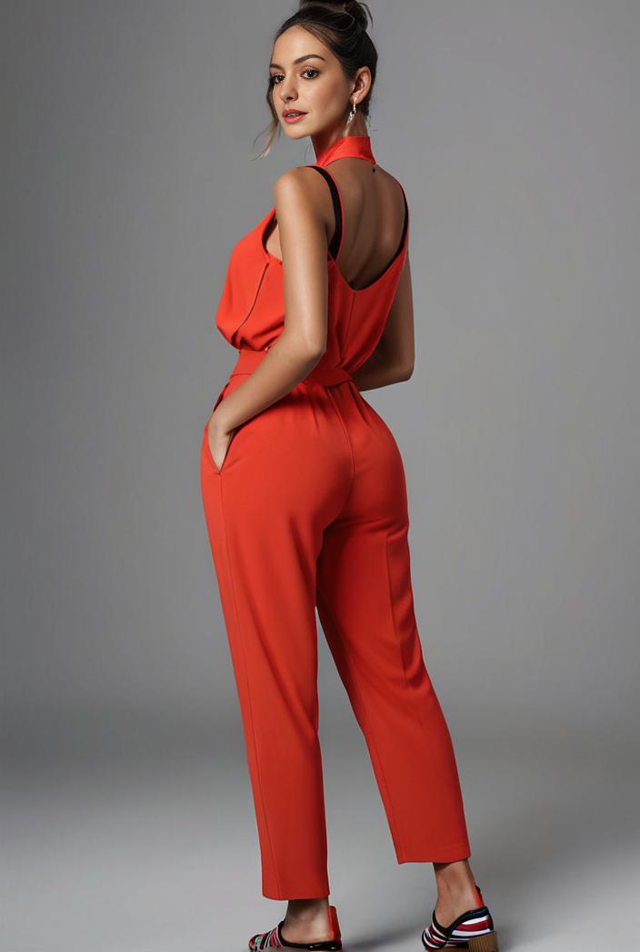 stylish sleeveless jumpsuit with tie waist and flap pockets for women 103120