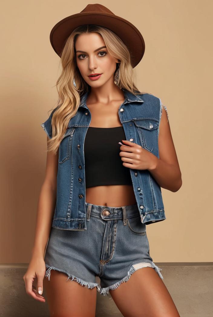 washed denim sleeveless vest with distressed ripped lapel women s denim jacket collection 106997