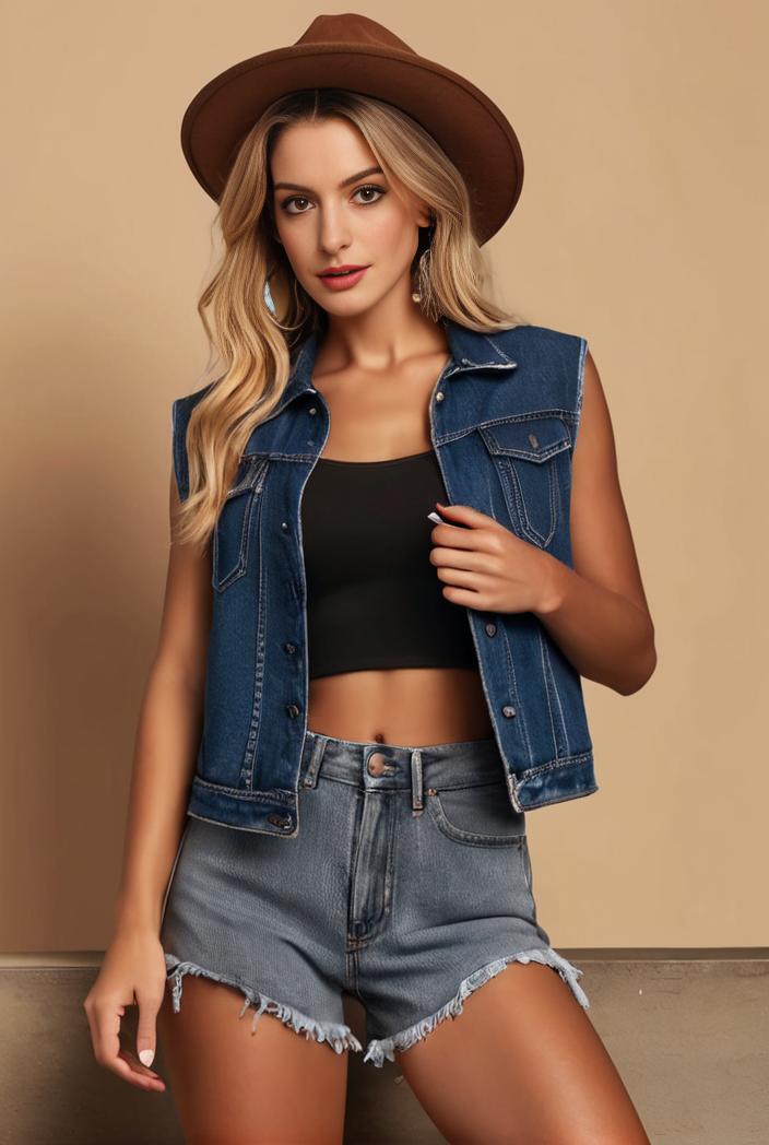washed denim sleeveless vest with distressed ripped lapel women s denim jacket collection 107028