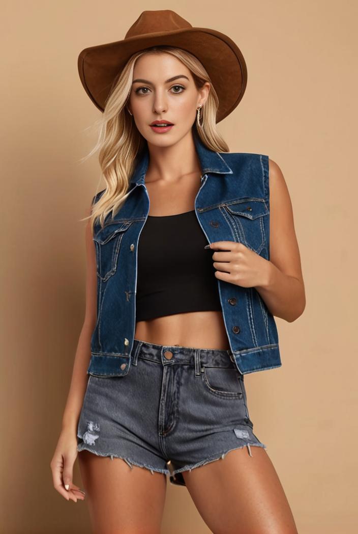 washed denim sleeveless vest with distressed ripped lapel women s denim jacket collection 107034