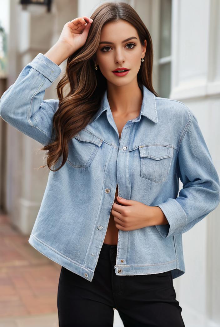 women s distressed blue denim jacket with flap pockets and lapel stylish long sleeve coat 107552