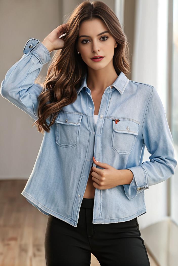 women s distressed blue denim jacket with flap pockets and lapel stylish long sleeve coat 107553