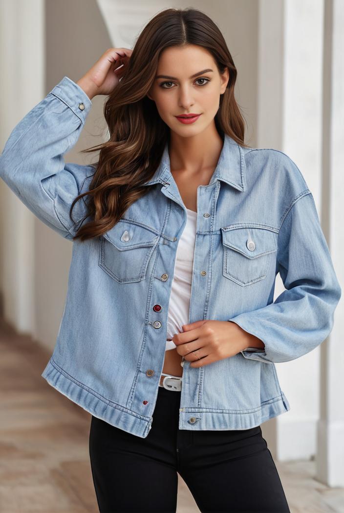 women s distressed blue denim jacket with flap pockets and lapel stylish long sleeve coat 107559