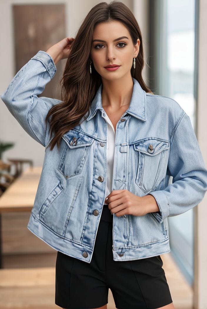 women s distressed blue denim jacket with flap pockets and lapel stylish long sleeve coat 107557