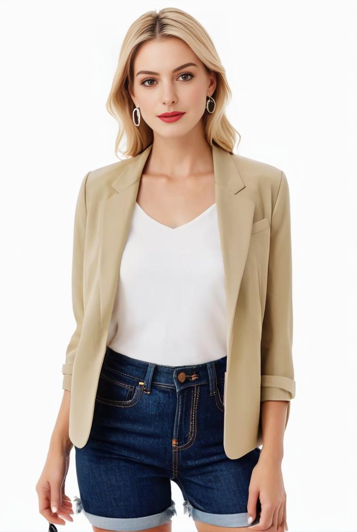 women s solid open front blazer with long sleeves for office wear 108331