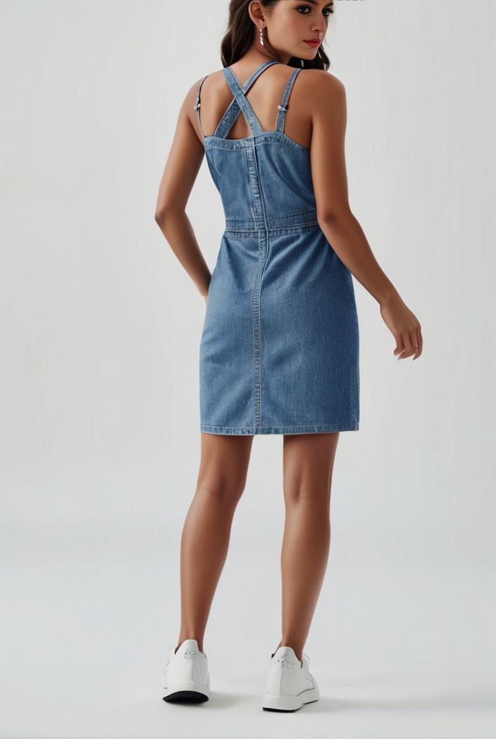 blue denim jumpsuit with distressed ripped details for women 109957