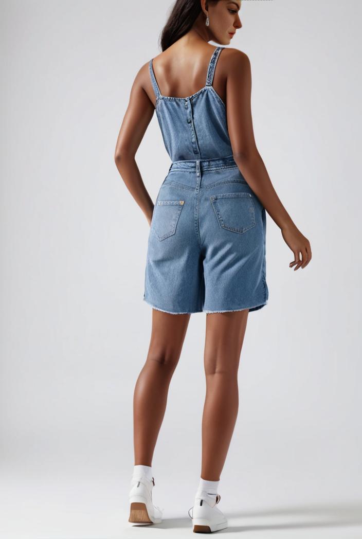 blue denim jumpsuit with distressed ripped details for women 109958