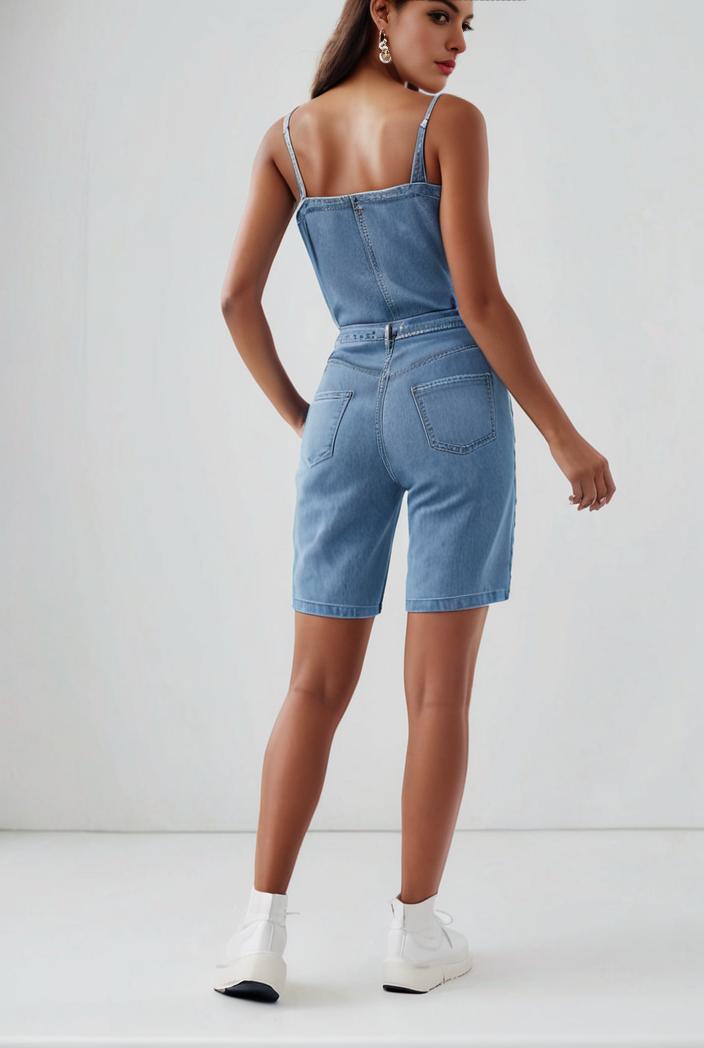 blue denim jumpsuit with distressed ripped details for women 109959