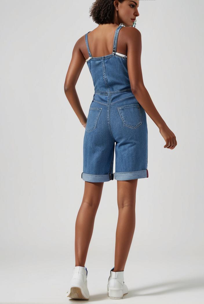 blue denim jumpsuit with distressed ripped details for women 109961