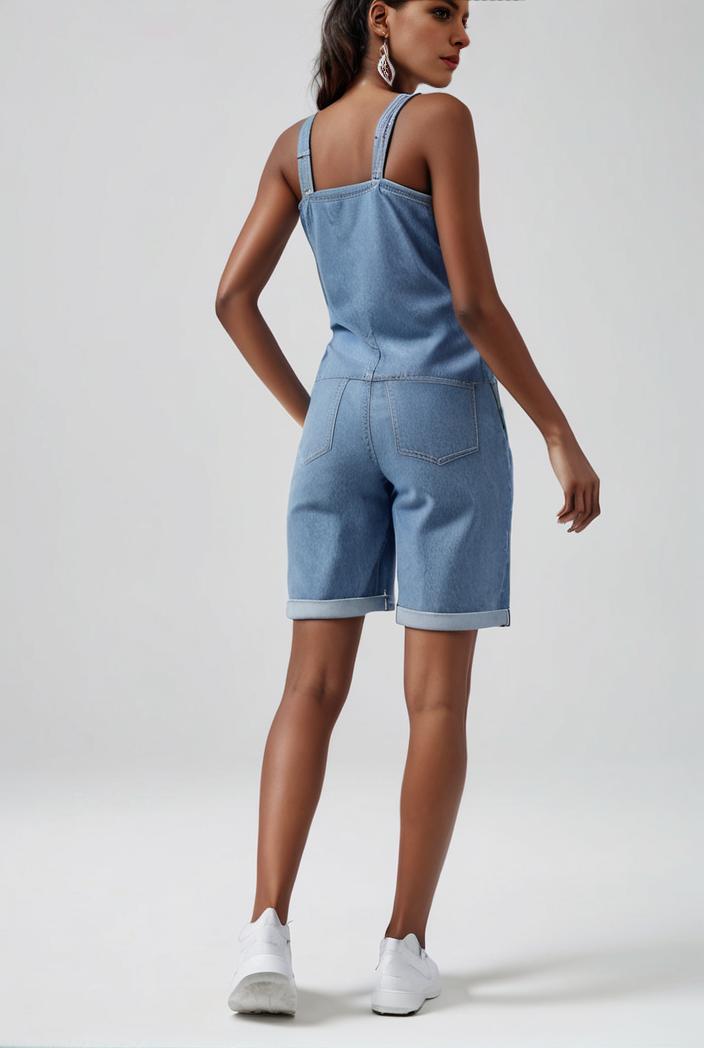 blue denim jumpsuit with distressed ripped details for women 109962