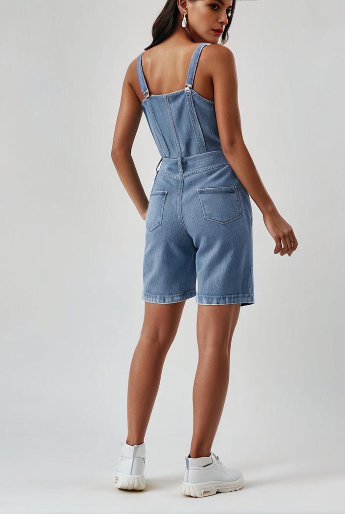 blue denim jumpsuit with distressed ripped details for women 109966