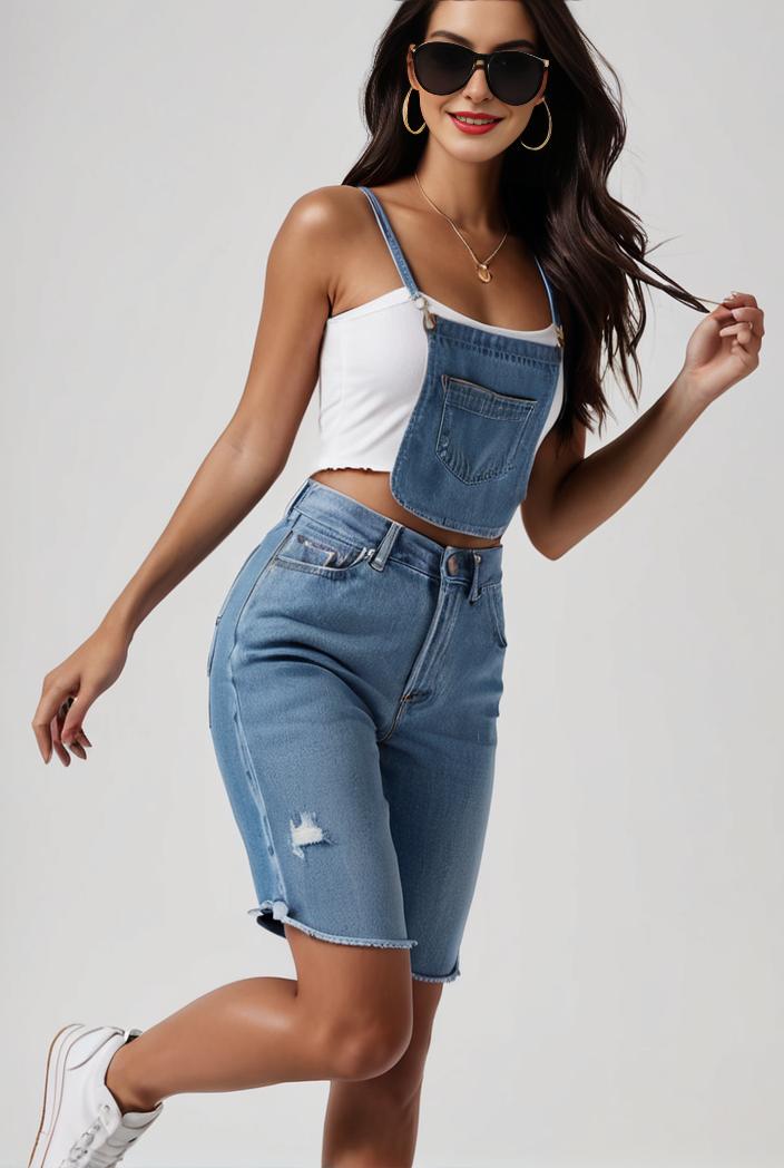 blue denim jumpsuit with distressed ripped details for women 109973