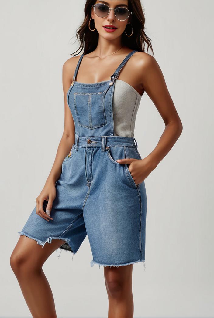 blue denim jumpsuit with distressed ripped details for women 109981