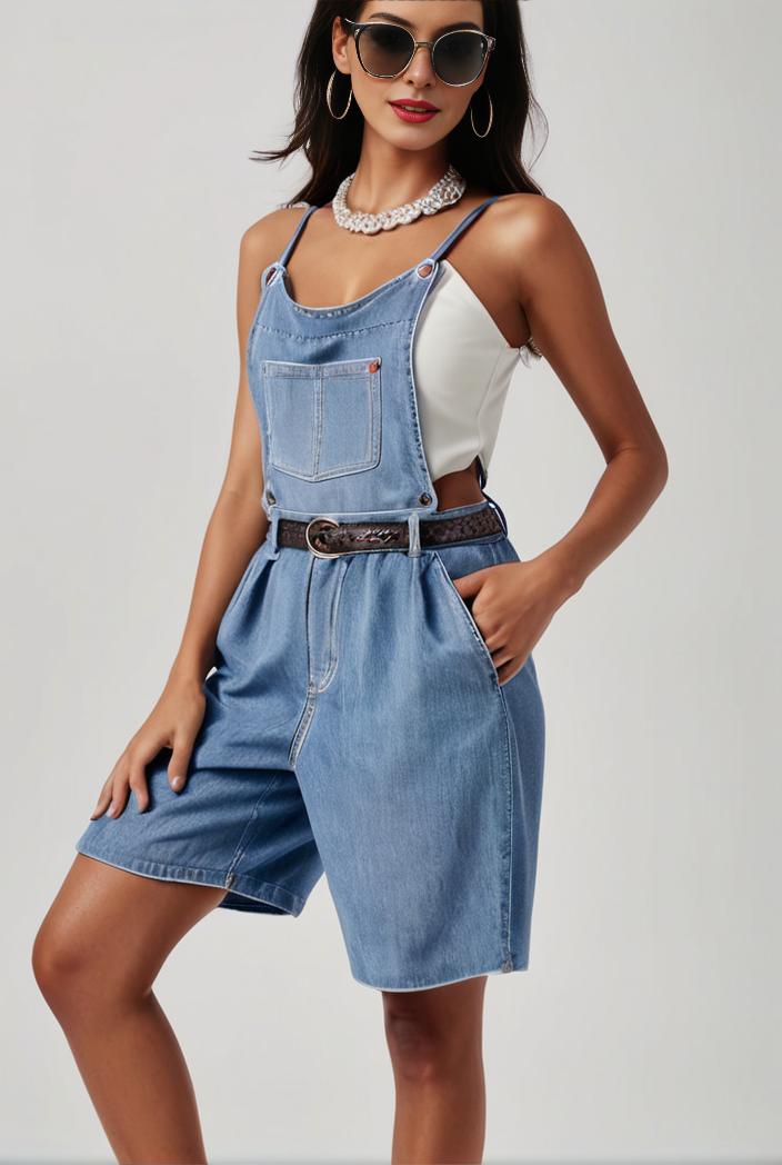 blue denim jumpsuit with distressed ripped details for women 109983