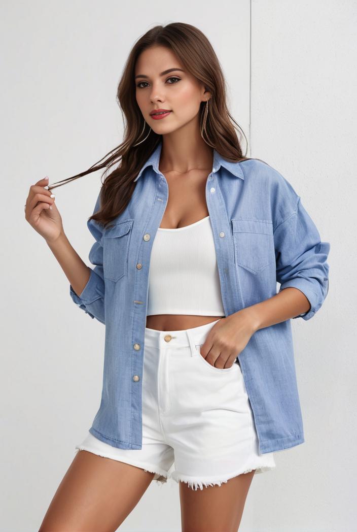 casual denim shirt for women with lapel flap pocket and long sleeves 138731