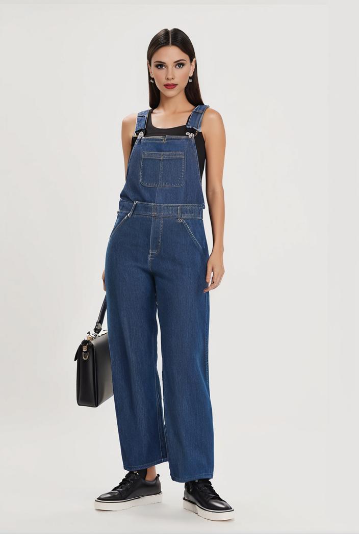 relaxed fit blue denim romper with slant pockets distressed denim coverall stylish women s denim outfit 120445