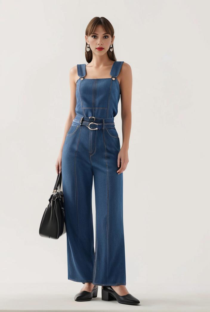relaxed fit blue denim romper with slant pockets distressed denim coverall stylish women s denim outfit 120447