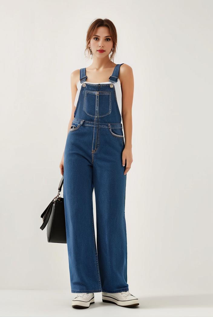 relaxed fit blue denim romper with slant pockets distressed denim coverall stylish women s denim outfit 120448
