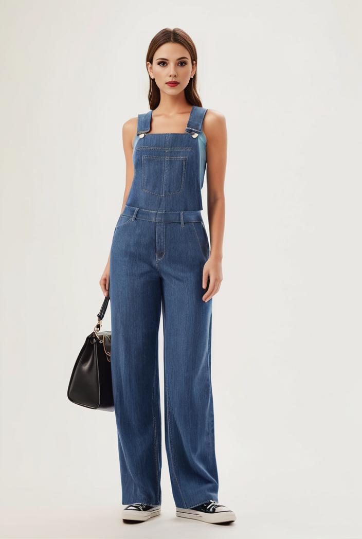 relaxed fit blue denim romper with slant pockets distressed denim coverall stylish women s denim outfit 120449
