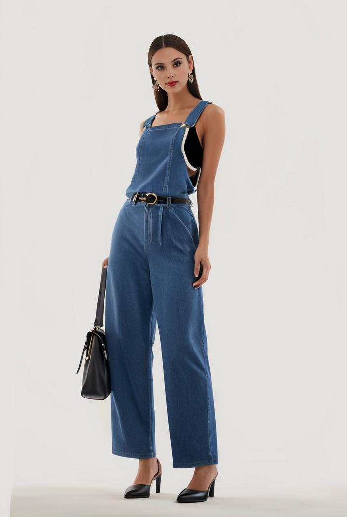 relaxed fit blue denim romper with slant pockets distressed denim coverall stylish women s denim outfit 120454