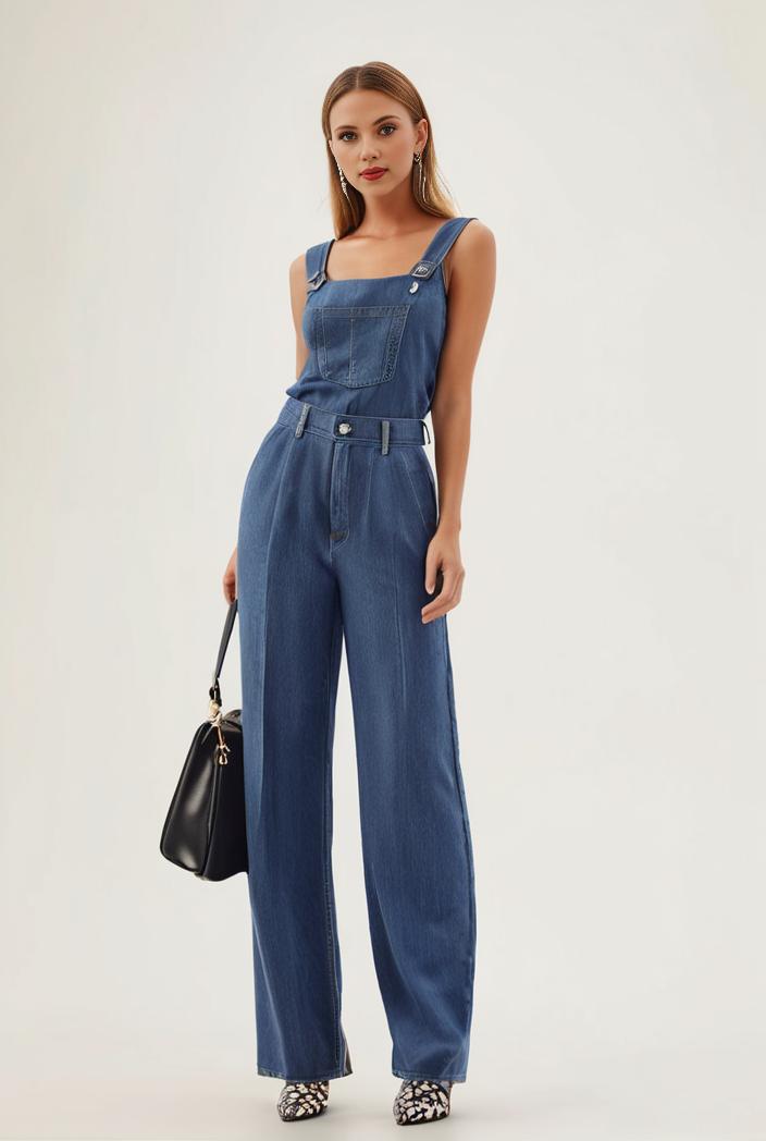 relaxed fit blue denim romper with slant pockets distressed denim coverall stylish women s denim outfit 120457