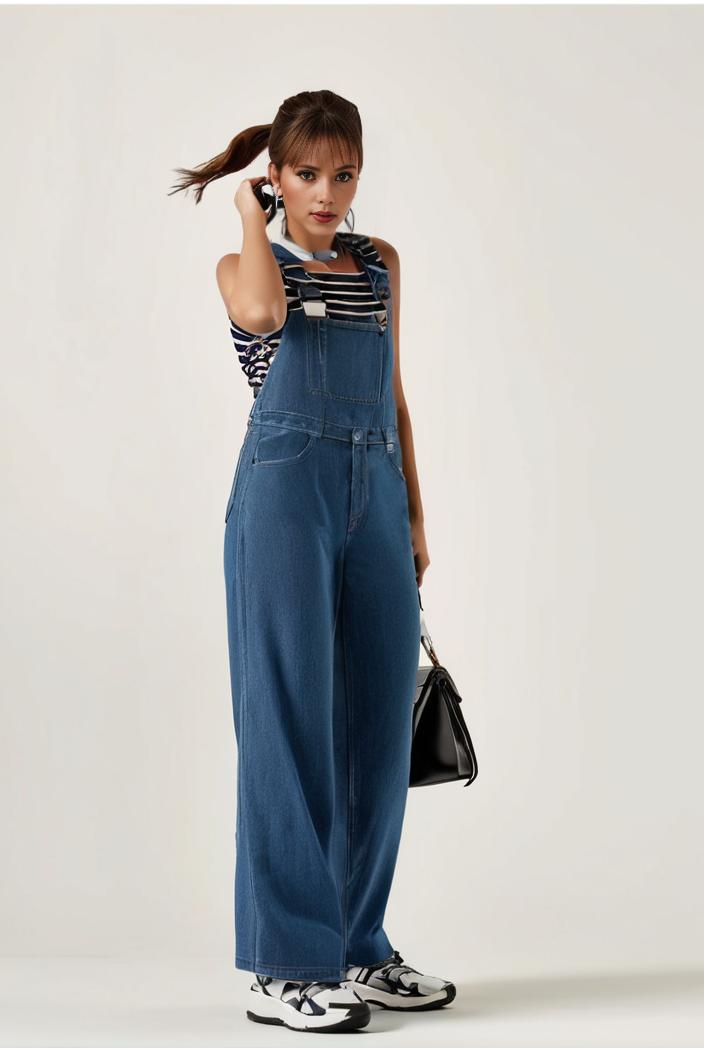relaxed fit blue denim romper with slant pockets distressed denim coverall stylish women s denim outfit 120462