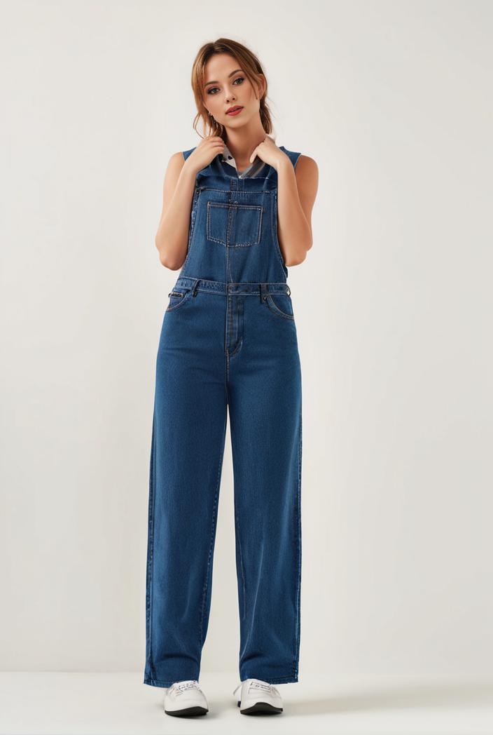 relaxed fit blue denim romper with slant pockets distressed denim coverall stylish women s denim outfit 120472