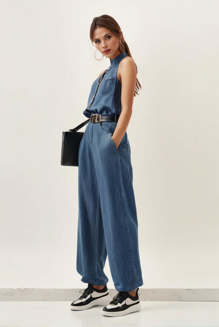 relaxed fit blue denim romper with slant pockets distressed denim coverall stylish women s denim outfit 120476