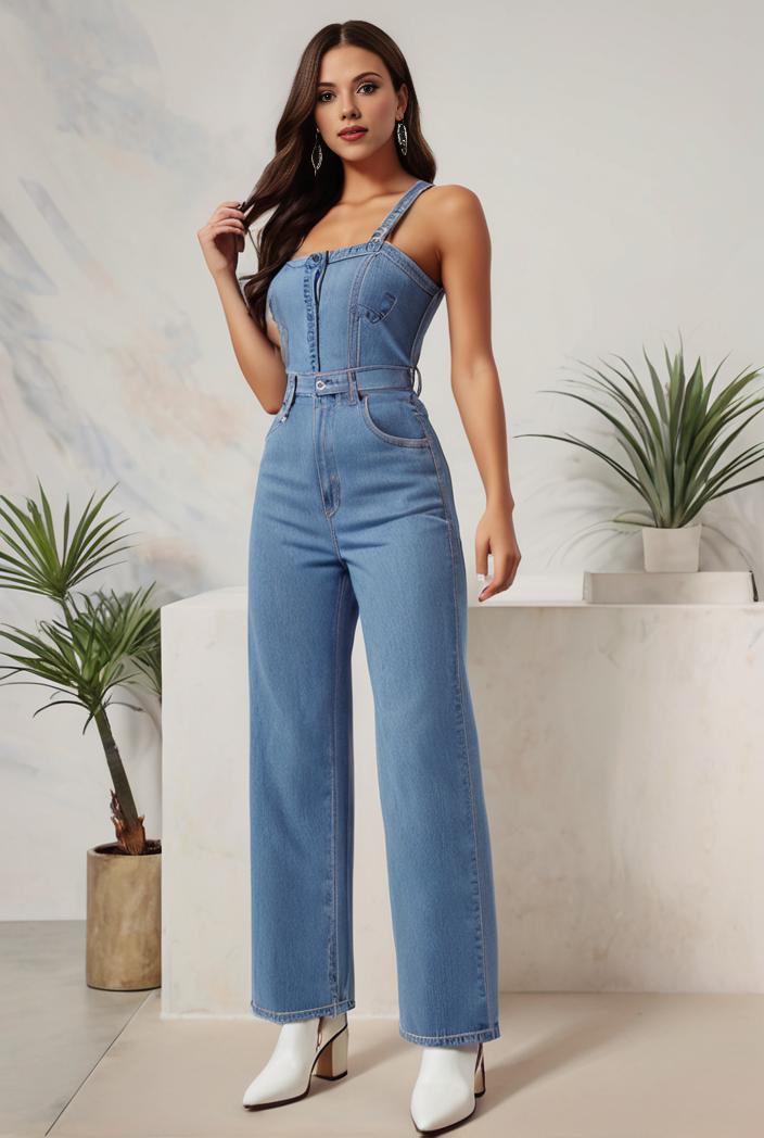 relaxed fit denim jumpsuit with slant pockets non elastic washed denim overalls women s denim apparel 120482