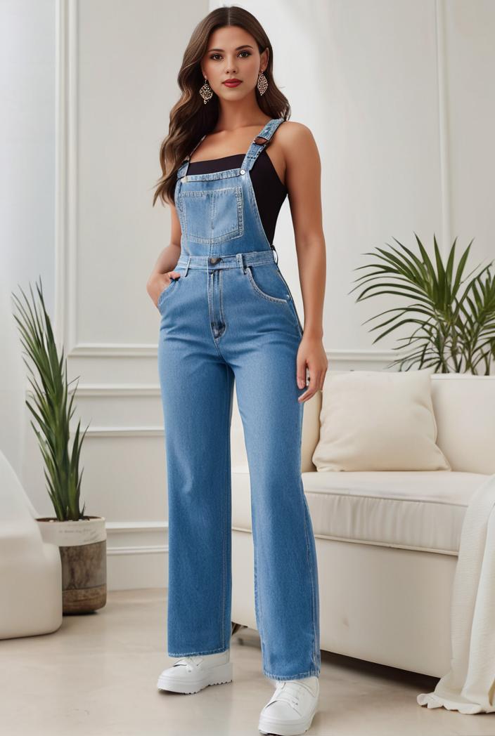 relaxed fit denim jumpsuit with slant pockets non elastic washed denim overalls women s denim apparel 120485