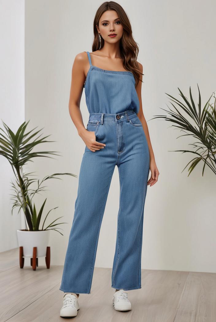 relaxed fit denim jumpsuit with slant pockets non elastic washed denim overalls women s denim apparel 120494