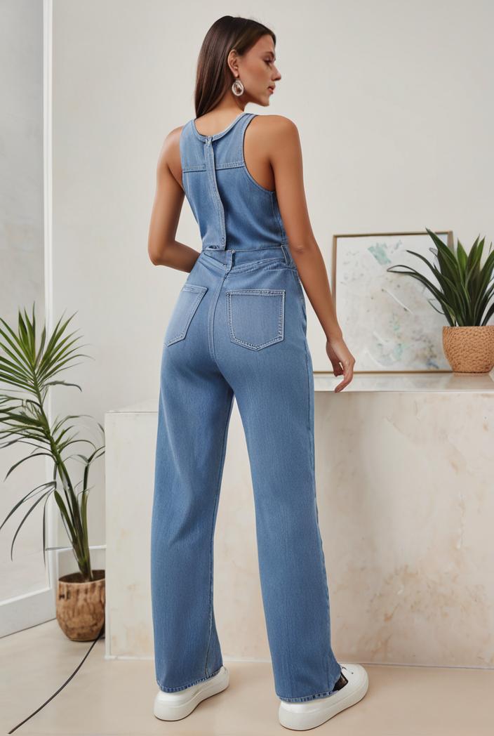 relaxed fit denim jumpsuit with slant pockets non elastic washed denim overalls women s denim apparel 120497