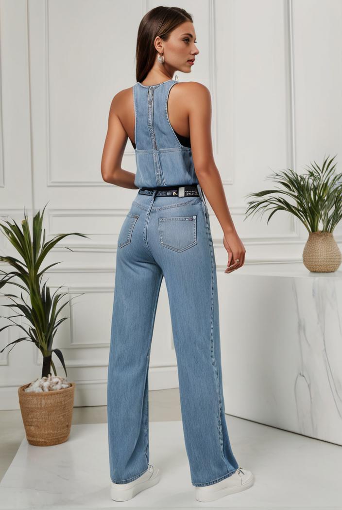 relaxed fit denim jumpsuit with slant pockets non elastic washed denim overalls women s denim apparel 120498