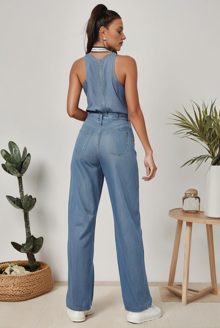 relaxed fit denim jumpsuit with slant pockets non elastic washed denim overalls women s denim apparel 120499