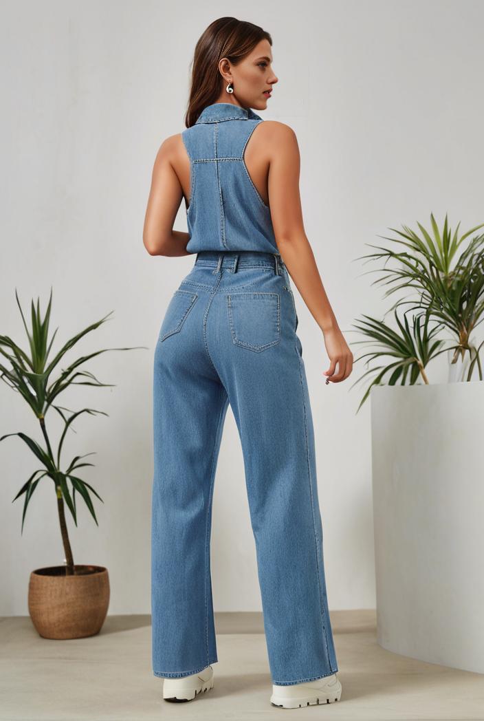 relaxed fit denim jumpsuit with slant pockets non elastic washed denim overalls women s denim apparel 120504