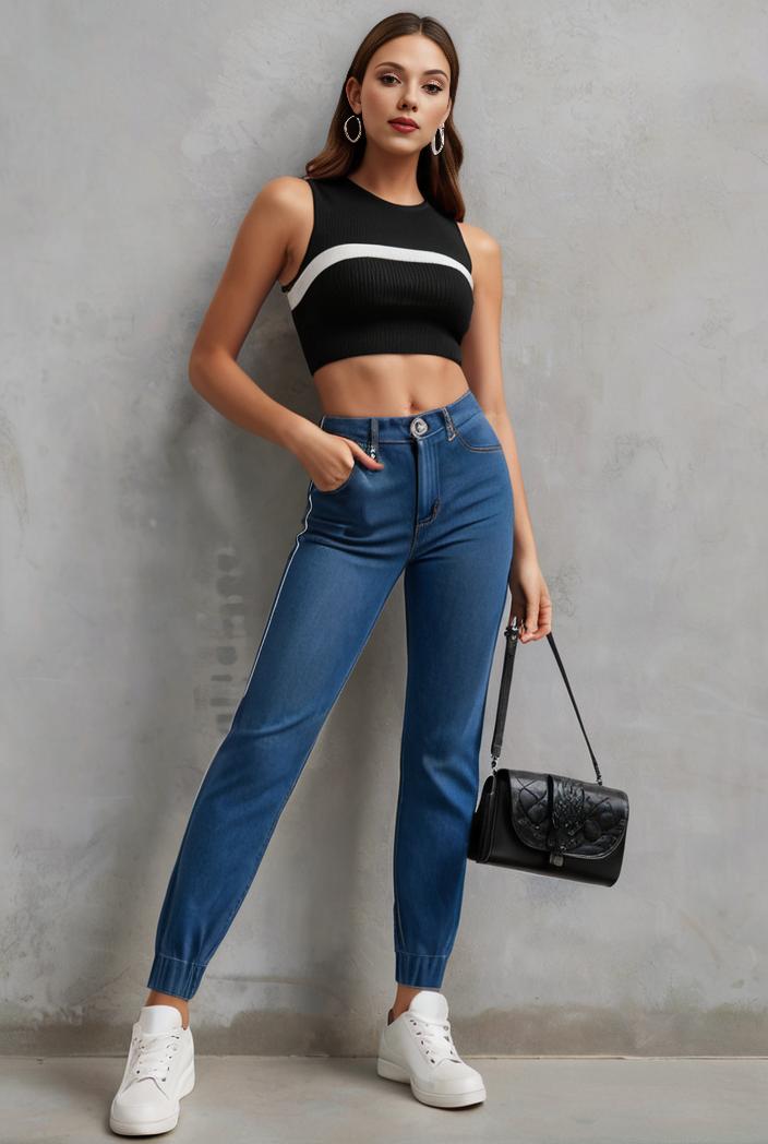 slim fit drawstring denim jeans with elastic waist for women 125227