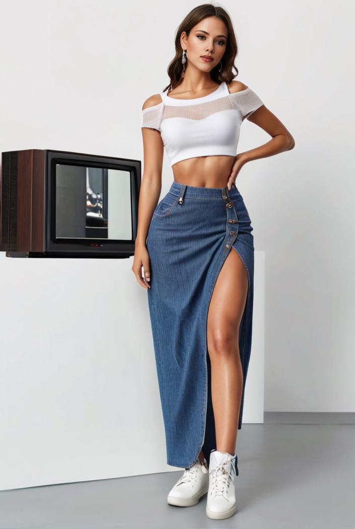 split thigh casual denim midi skirt with slant pockets 127010