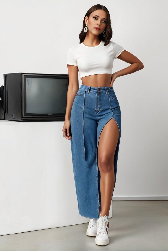 split thigh casual denim midi skirt with slant pockets 127011