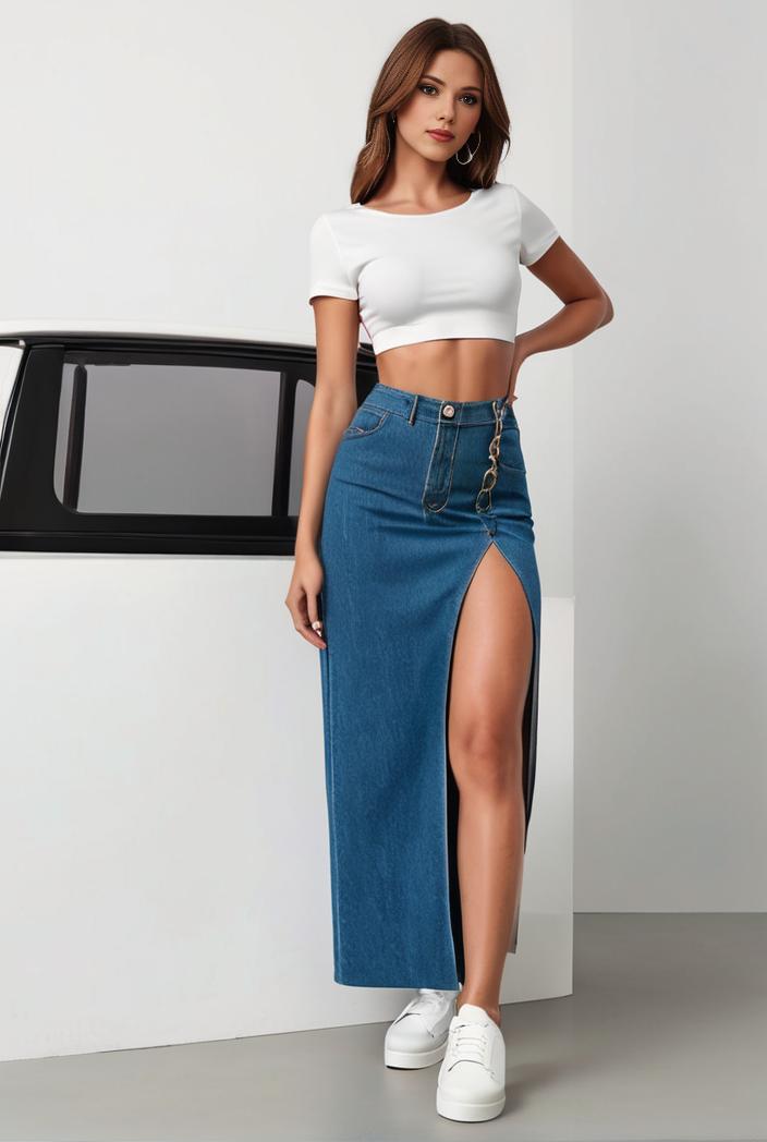 split thigh casual denim midi skirt with slant pockets 127014