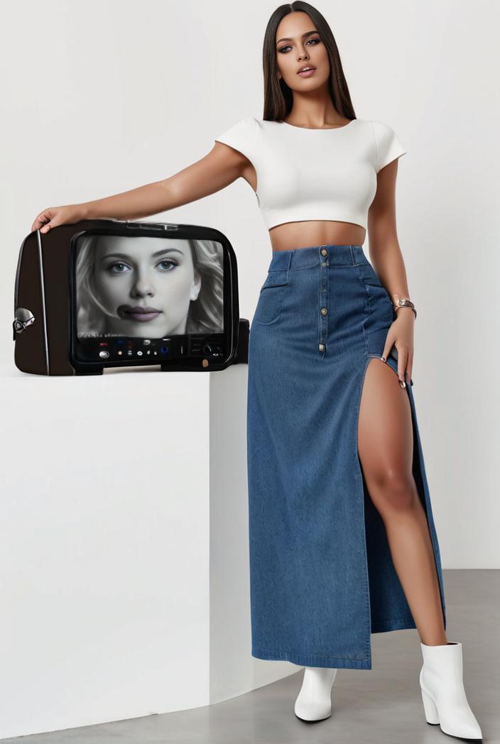 split thigh casual denim midi skirt with slant pockets 127018