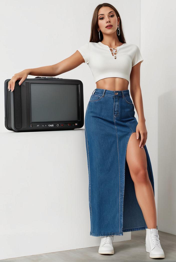 split thigh casual denim midi skirt with slant pockets 127019