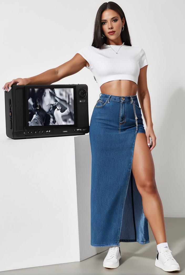 split thigh casual denim midi skirt with slant pockets 127022