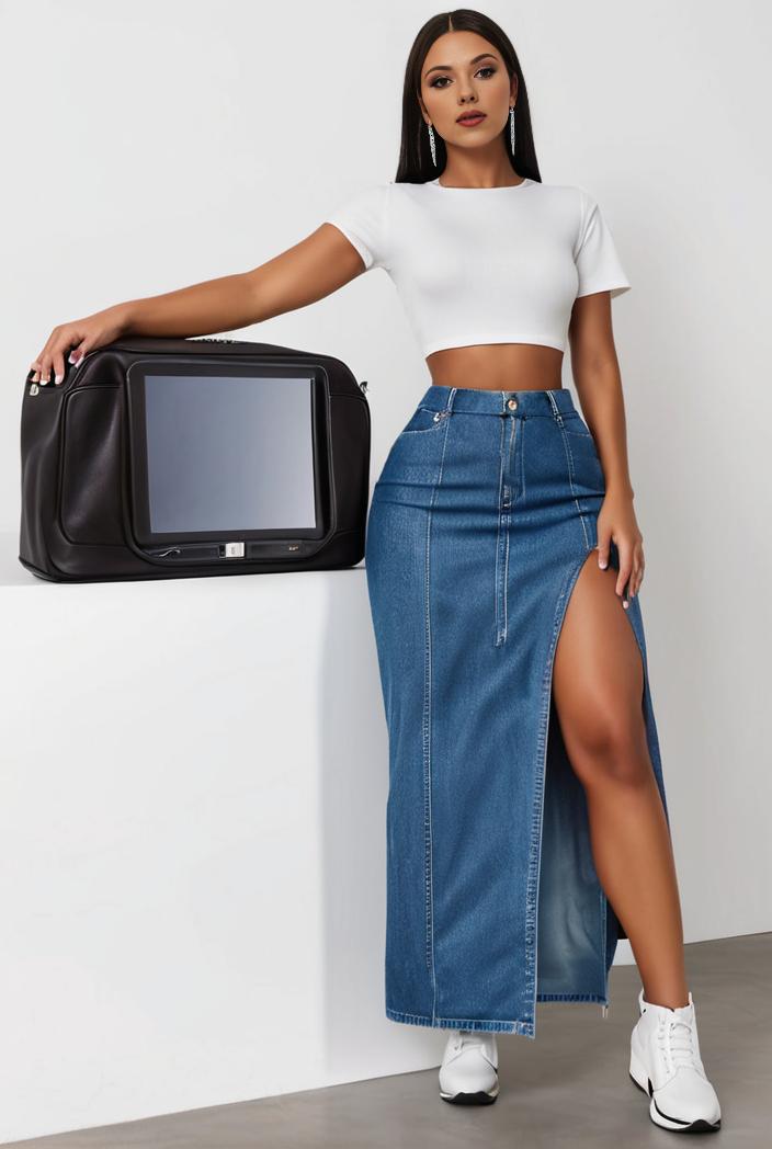 split thigh casual denim midi skirt with slant pockets 127020