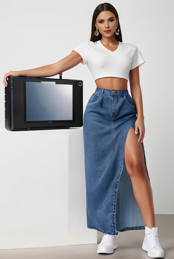 split thigh casual denim midi skirt with slant pockets 127024