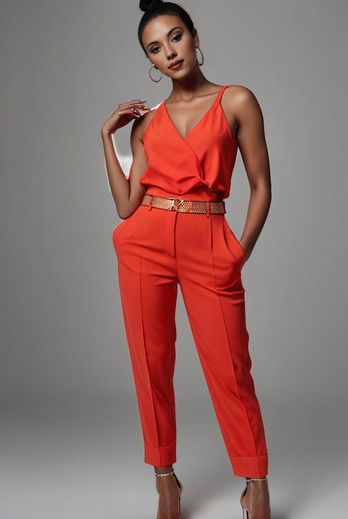 stylish sleeveless jumpsuit with tie waist and flap pockets for women 127784
