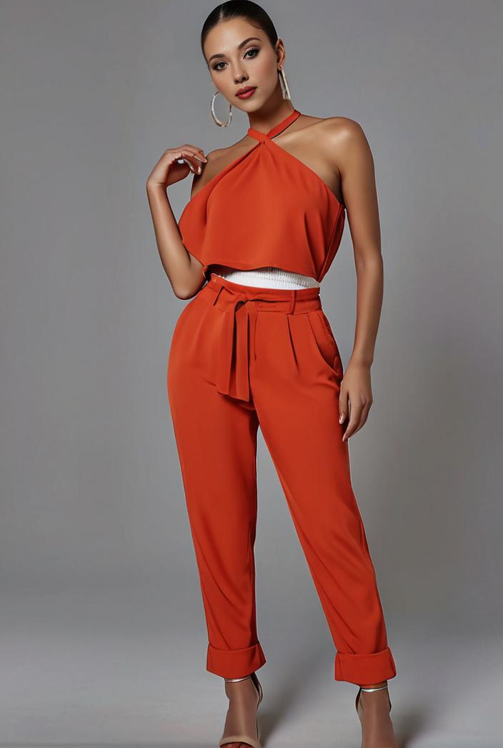 stylish sleeveless jumpsuit with tie waist and flap pockets for women 127786