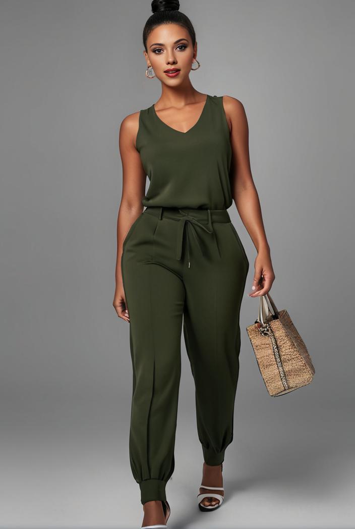 stylish sleeveless jumpsuit with tie waist and flap pockets for women 127801