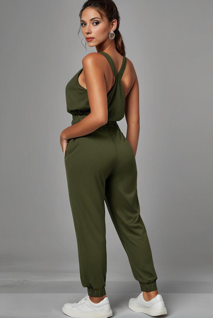 stylish sleeveless jumpsuit with tie waist and flap pockets for women 127808