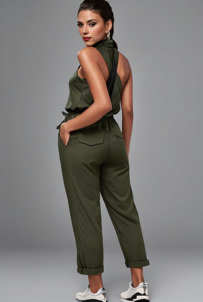 stylish sleeveless jumpsuit with tie waist and flap pockets for women 127809