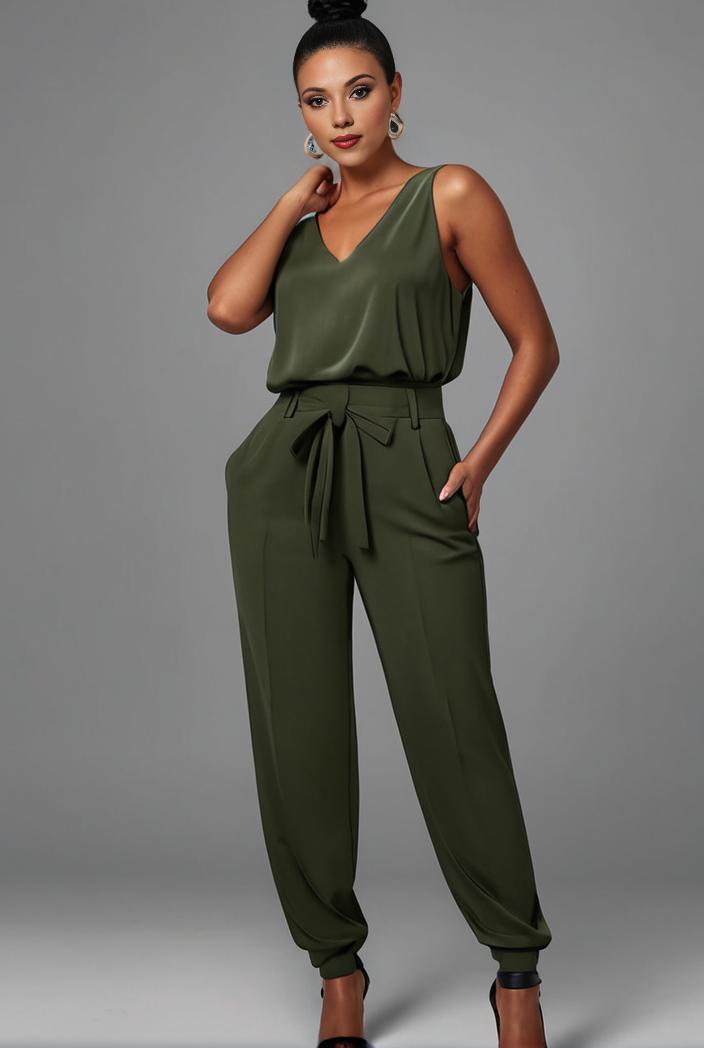 stylish sleeveless jumpsuit with tie waist and flap pockets for women 127841